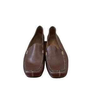 Aerosoles A2 Brown Leather Rounded-Square Toe Loafers White Stitching Size 7